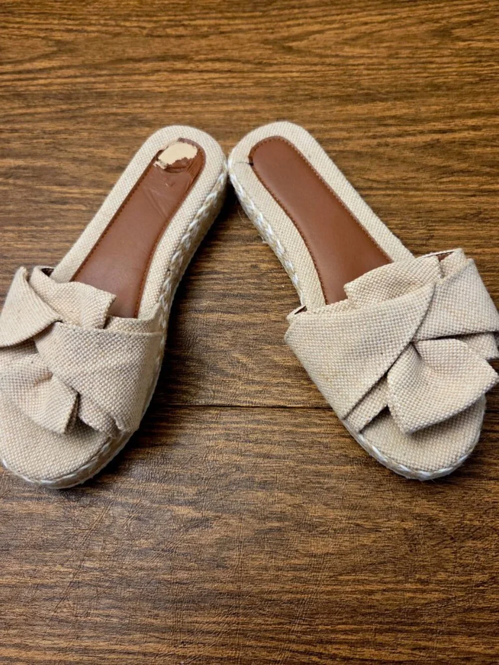 Women's Beige Fabric Bow Platform Espadrille Open Toe Slide - Sz 7.5M